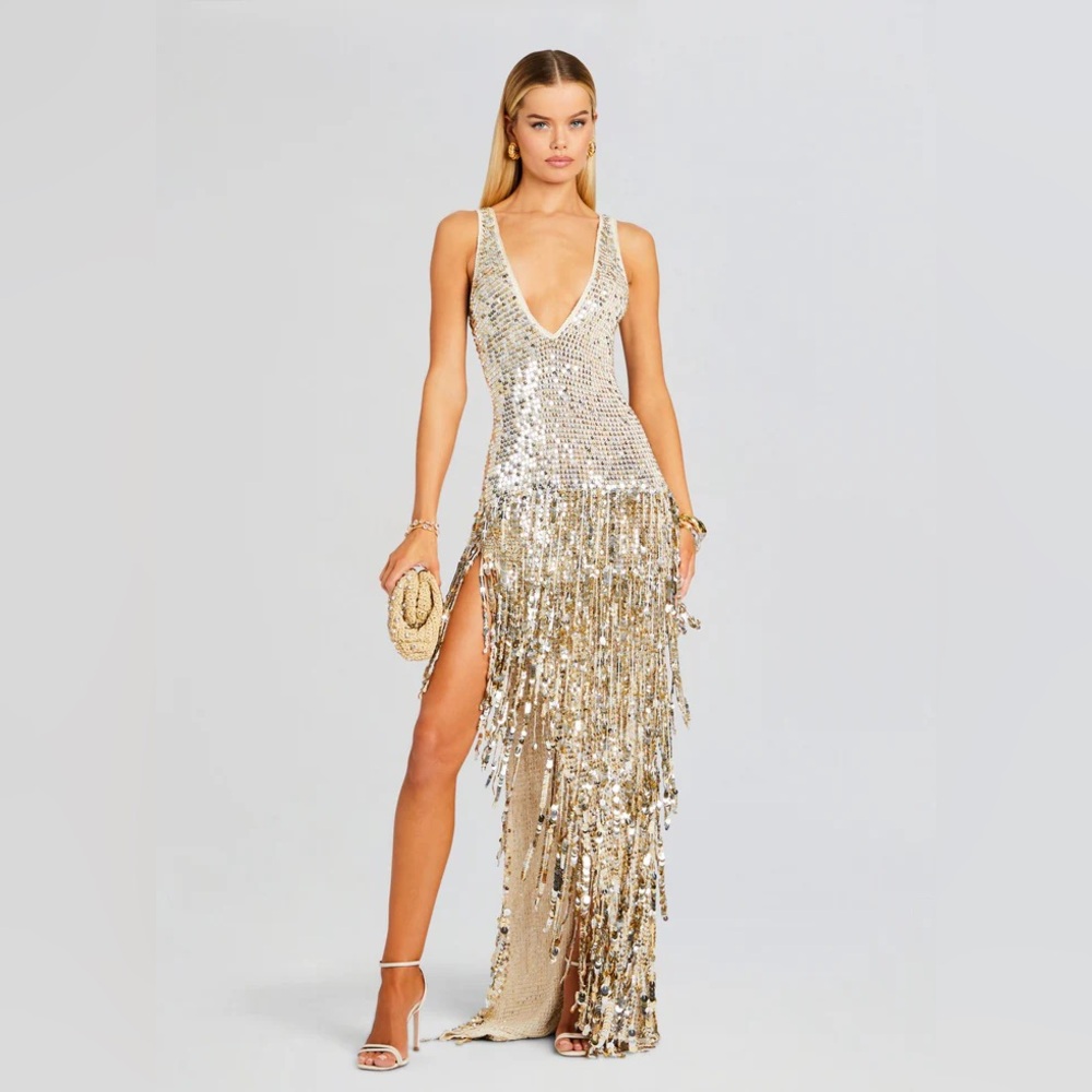 Retrofête Libra Sequin Fringe Crochet Dress